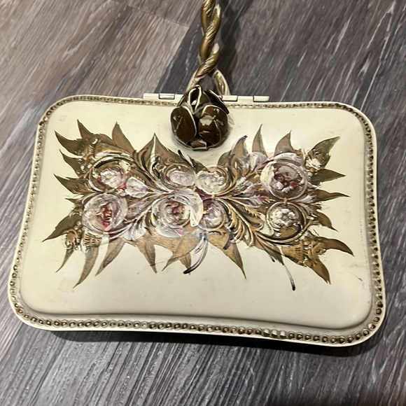 Vintage hand painted metal floral cream gold silent butler - Picture 3 of 9